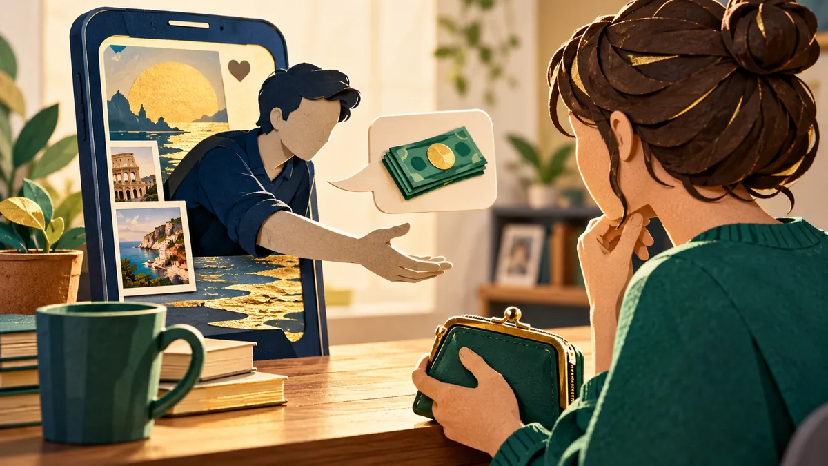 Editorial illustration for when someone you met online asks you for money