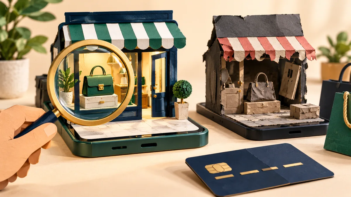 Editorial illustration for how to tell a fake shop from a real one before you pay