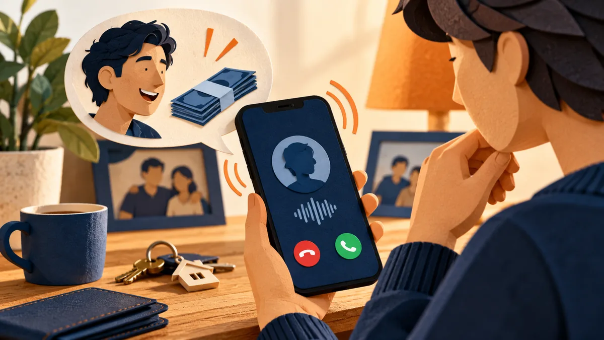 Editorial illustration for what to do when a familiar voice asks you for money