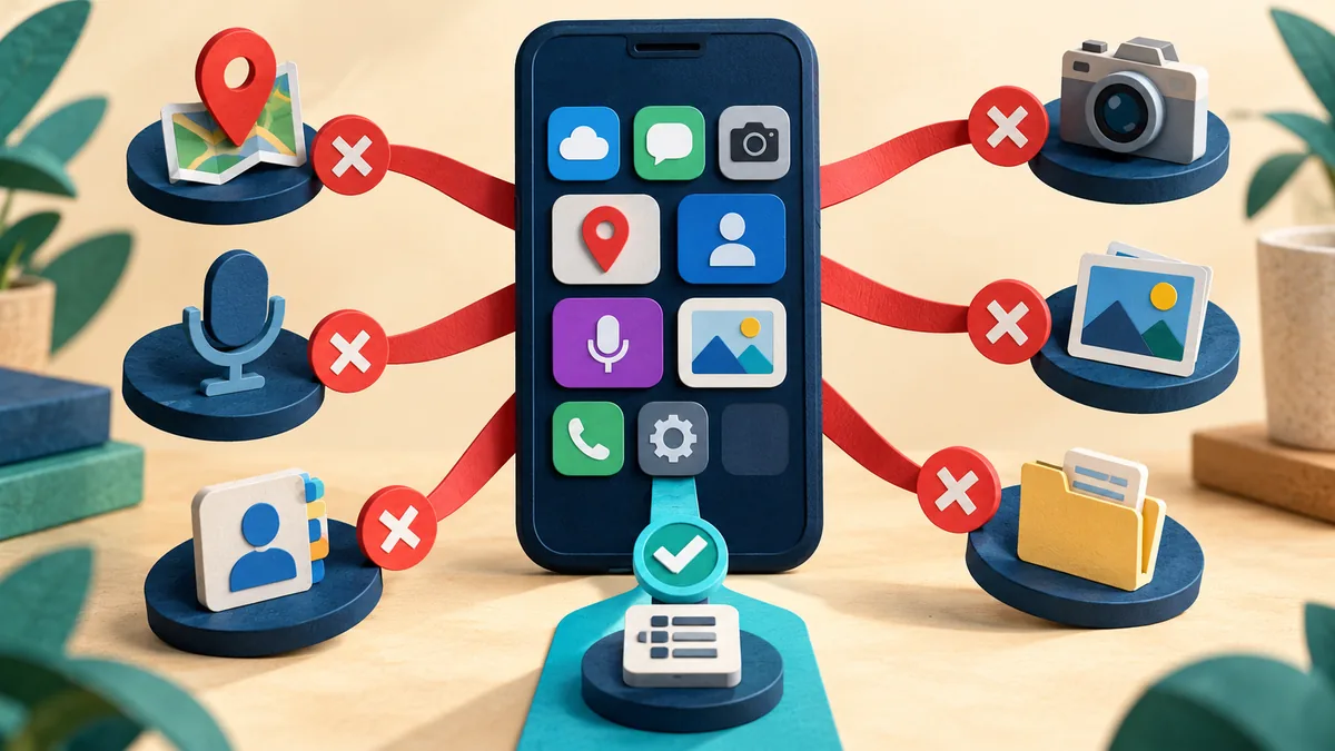 Editorial illustration for which phone permissions an app does not need