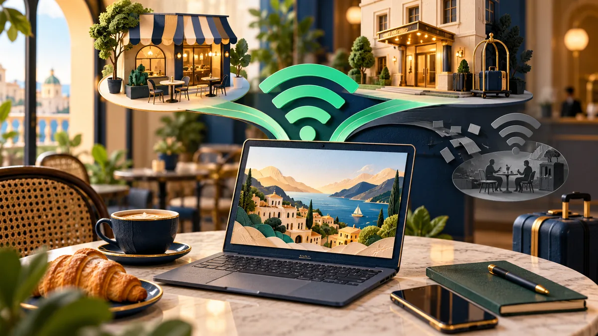 Editorial illustration for how to use hotel and café Wi-Fi