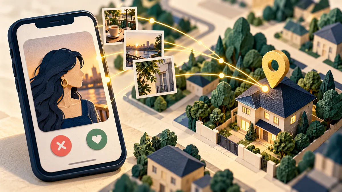 Editorial illustration for how a dating app can point at your home