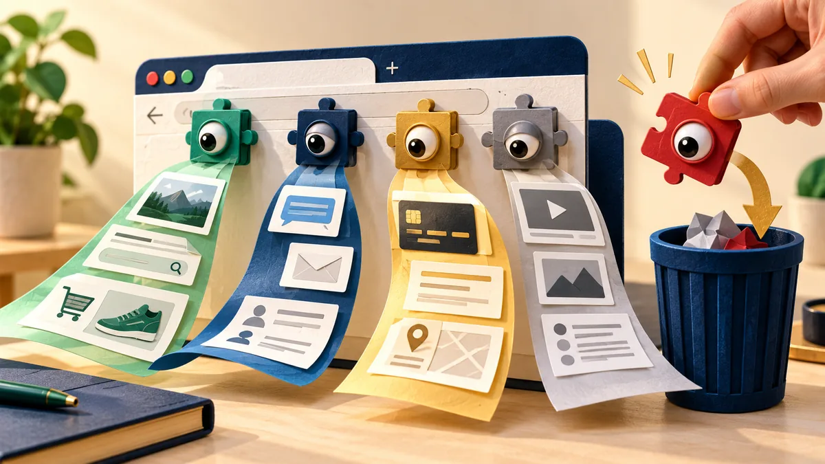 Editorial illustration for what a browser extension can see, and which ones to remove