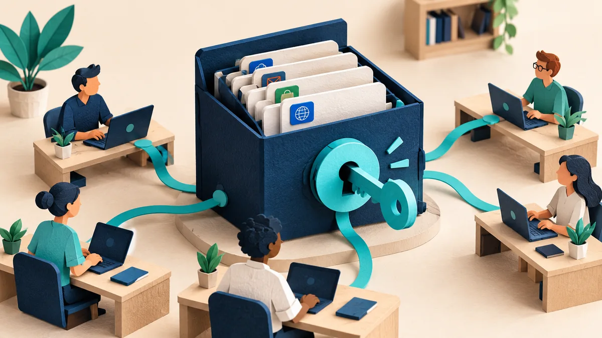 Editorial illustration for how to roll out a password manager to a small company