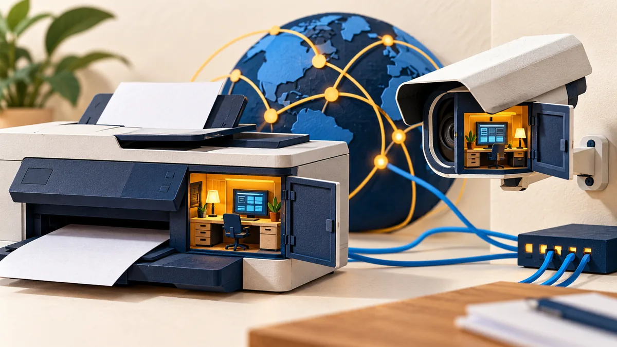 Editorial illustration for printers and cameras that still have an open admin page