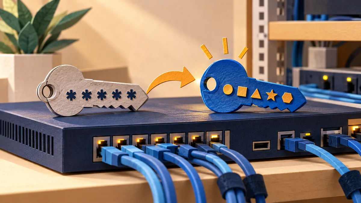Editorial illustration for change the default passwords on network appliances